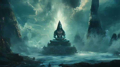 Serene blue figure meditating on stone platform in mist.