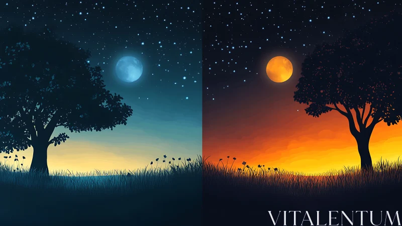Dual moonlit trees dividing cool night and warm dusk.