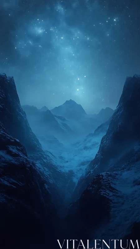 Starlit blue mountain gorge with distant snowy ridges.