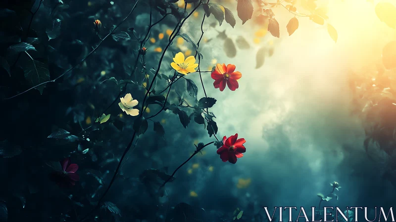 Backlit wildflowers emerge from shadow into atmospheric dawn glow