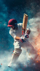 Cricket batsman drives ball through explosive swirling smoke