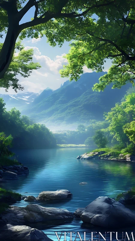 Tranquil forest river winding below misty green mountains.