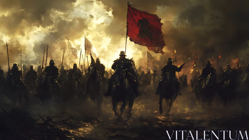 Warhorse vanguard charge under crimson standard at dusk.