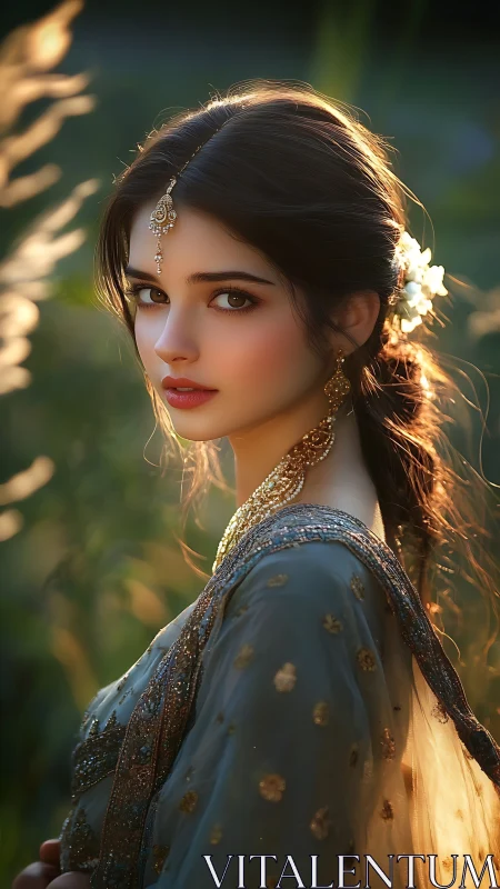 Woman in traditional attire in soft outdoor evening light.