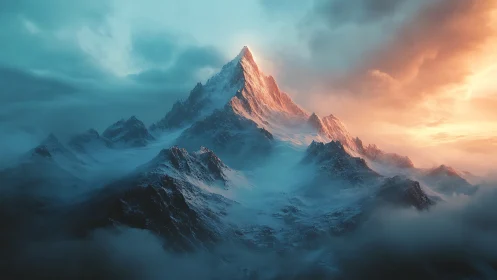 Snow-covered mountain peak under dramatic split sky.