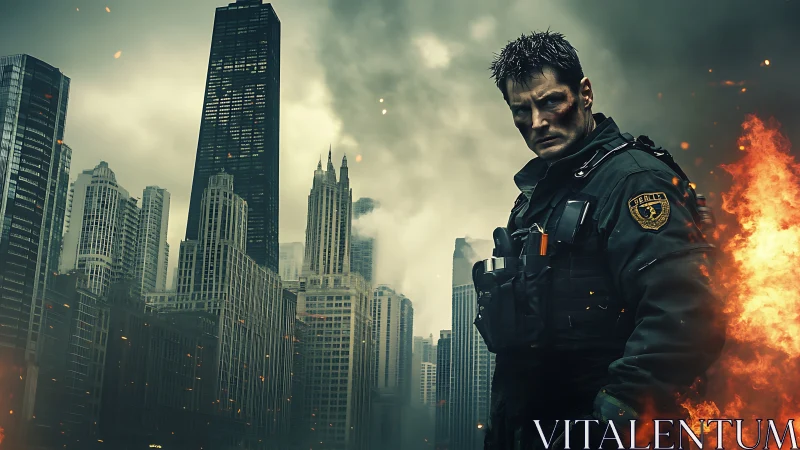 Heavily armed tactical officer stands in burning, smoke-filled skyline