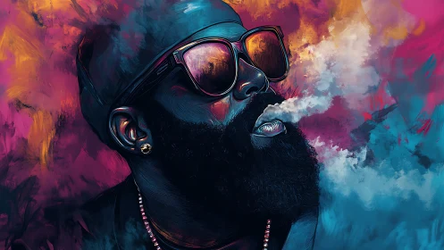 Vibrant digital portrait shows stylized bearded man exhaling smoke