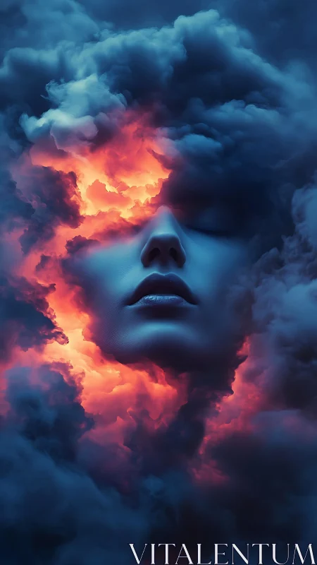 Surreal human face emerging from glowing storm clouds