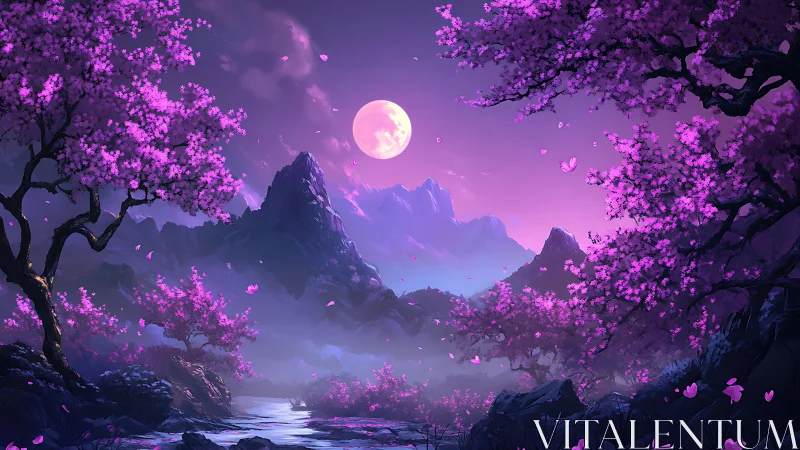 Lunar-illuminated sakura valley with atmospheric depth rendering.