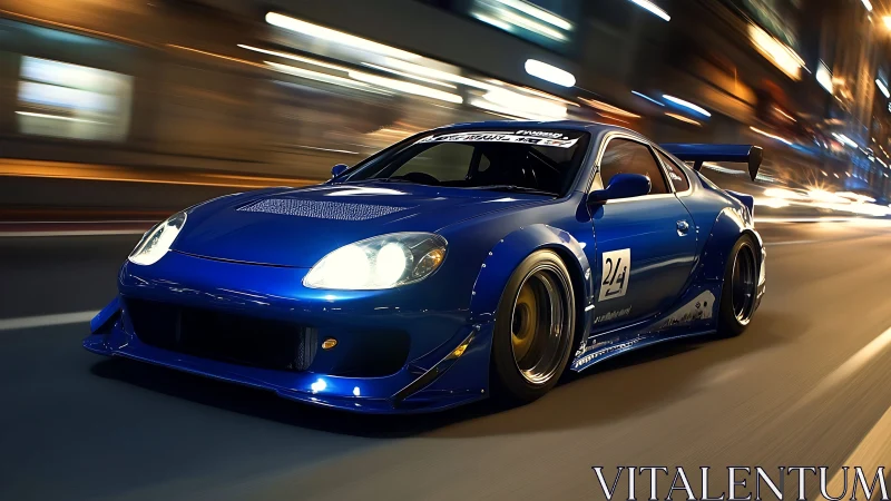 Midnight blue street racer slicing through neon city blur.