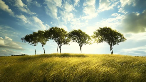 Five Trees on Windy Hill at Sunset, Natural Landscape Photography.