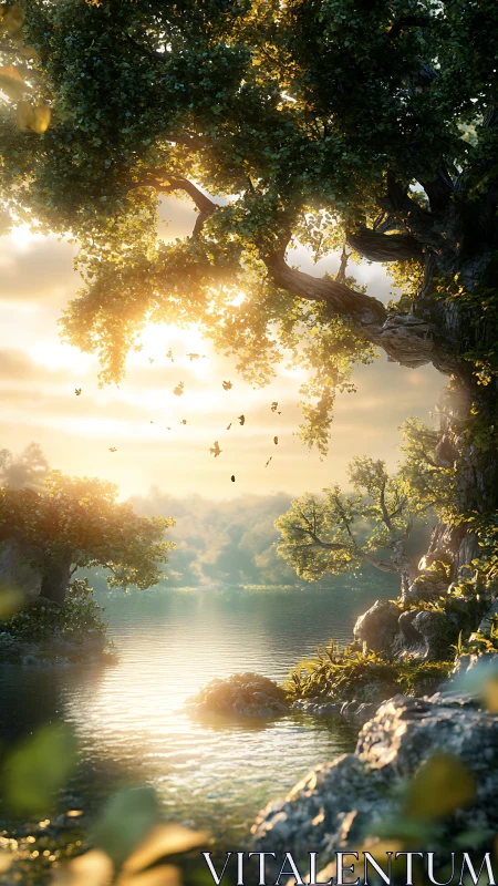 Sunlit river bend passes beneath dense overhanging canopy