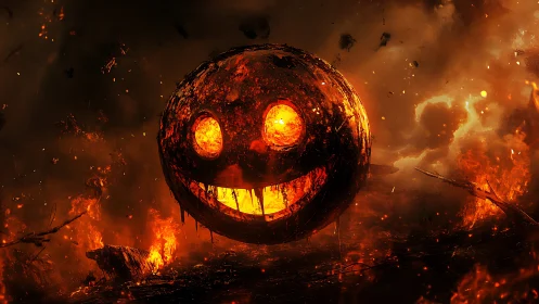 Smiling infernal pumpkin orb burns through storm of fire.