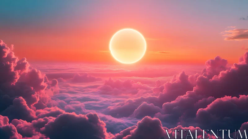 Sun hovers above dense pink clouds under gradient sky