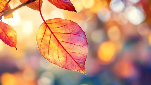 Backlit autumn leaf glows against soft bokeh background