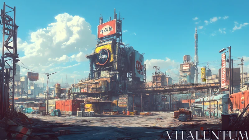 Sunlit scrapyard boulevard hums through rusted cyber-sprawl