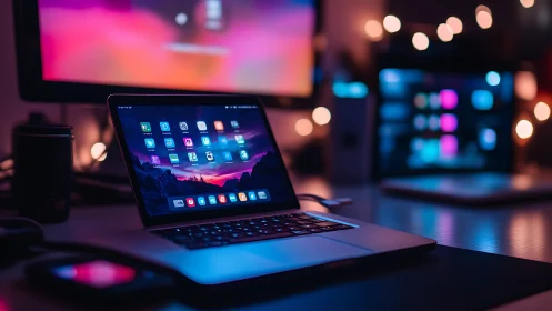 Neon-lit laptop sanctuary in a bokeh-soaked night office.