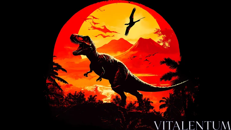 Tyrannosaurus silhouette stalks volcanic crimson sunset