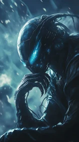 Brooding alien silhouette ponders quietly in a blue abyss
