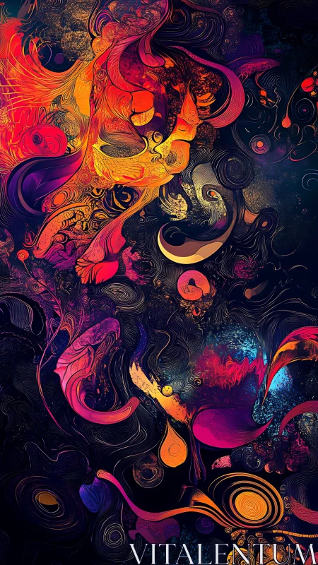 Fractal fluid dynamics of neon organic swirls on black field