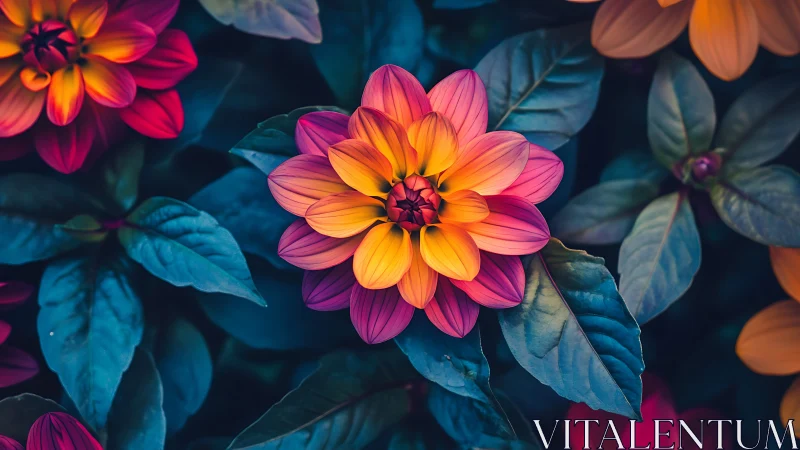 Multi-petal Dahlia with Gradient Orange-Pink Coloration and Deep Blue Foliage