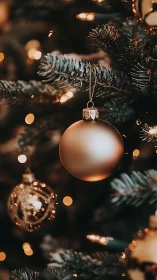 Gold Christmas ornaments on evergreen tree with warm lights.