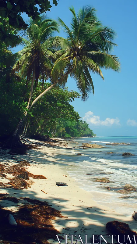 Tropical beach coastline with palm trees and calm waters.