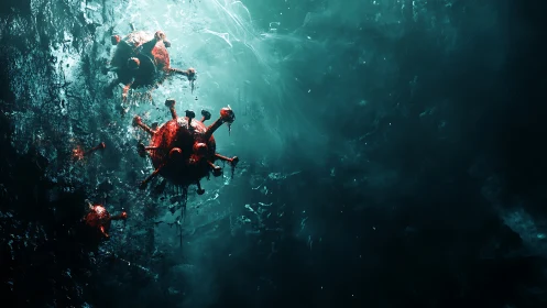 Red virus-like spheres drift in dark teal fluid space