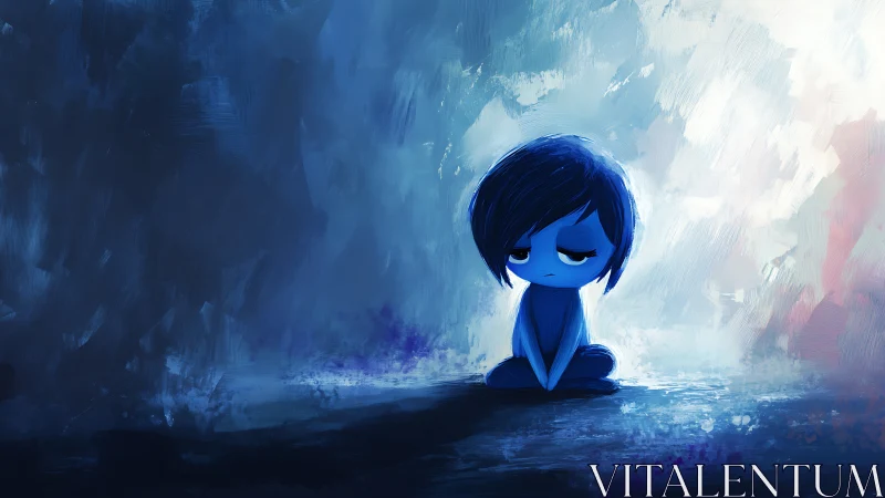Blue character sits centered in a textured abstract environment