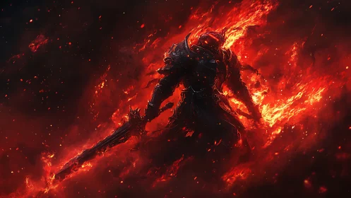 Volcanic knight silhouette immersed in turbulent plasma flames.