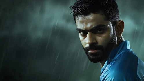 Male subject in blue sportswear under rainfall at night.