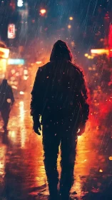 Mysterious hooded wanderer walks through a glowing rainy city