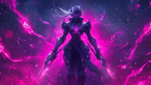 Cybernetic warrior emerges in neon magenta cosmic storm.