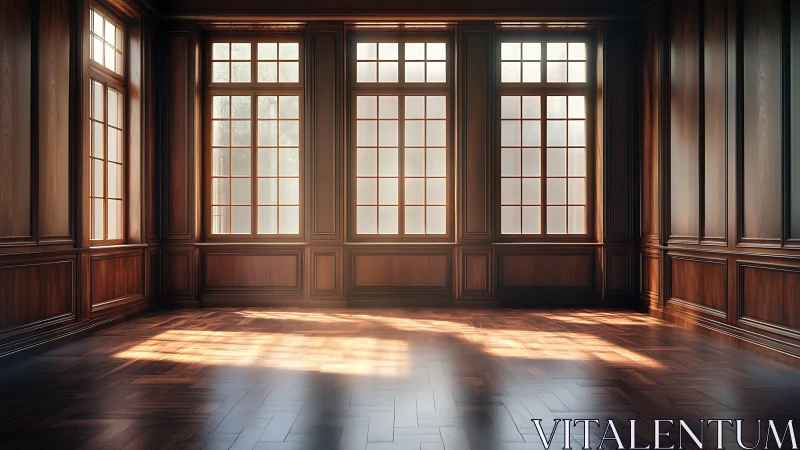 Sunlit paneled hall where quiet wooden walls breathe. Period.