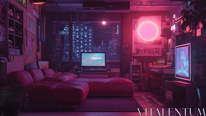 Neon-suffused cyber loft workstation with dual-screen media hub.