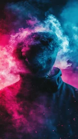 Silhouetted hooded figure in neon magenta and cyan vapor cloud.