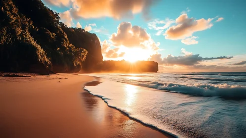 Sunlit tropical beach with cliffs and rolling ocean waves.