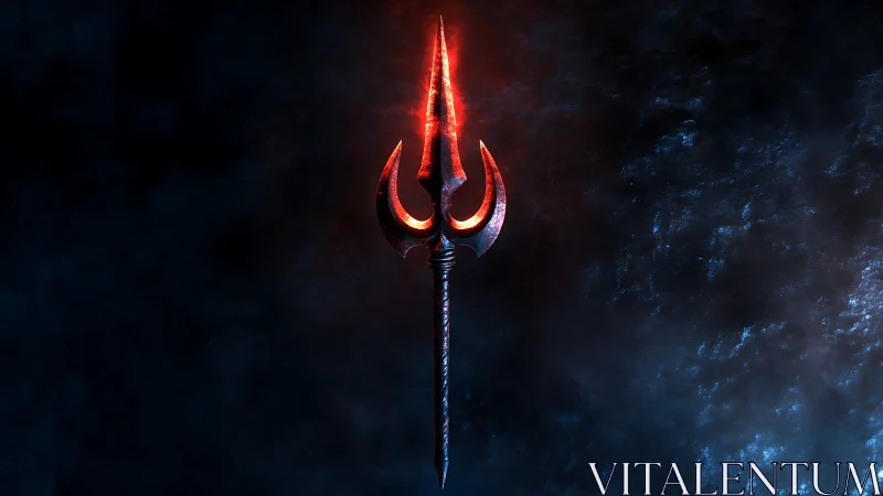 Fiery trident spear glows boldly against a dark stormy void