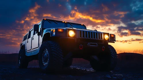 Off-road Hummer SUV powers through rugged land at dusk.
