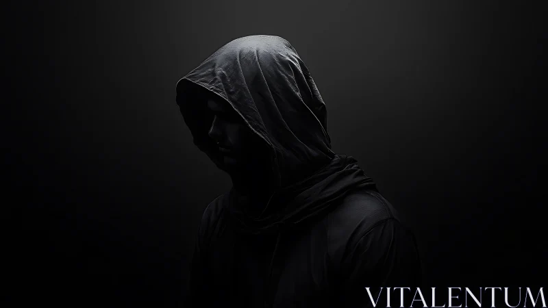 Hooded figure in dark studio lighting with shadowed face.