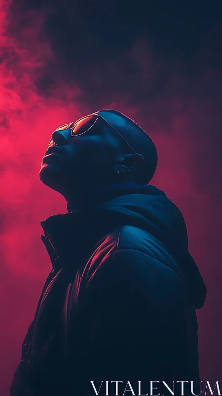 Neon side-lit male profile in colored atmospheric haze