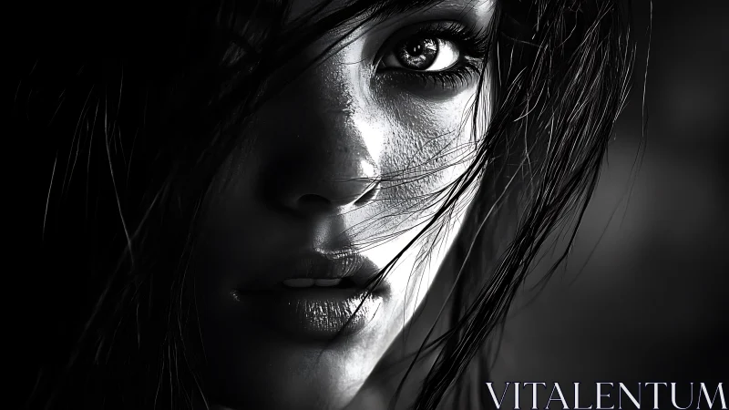 Monochrome portrait captures wet hair, intense reflective gaze.