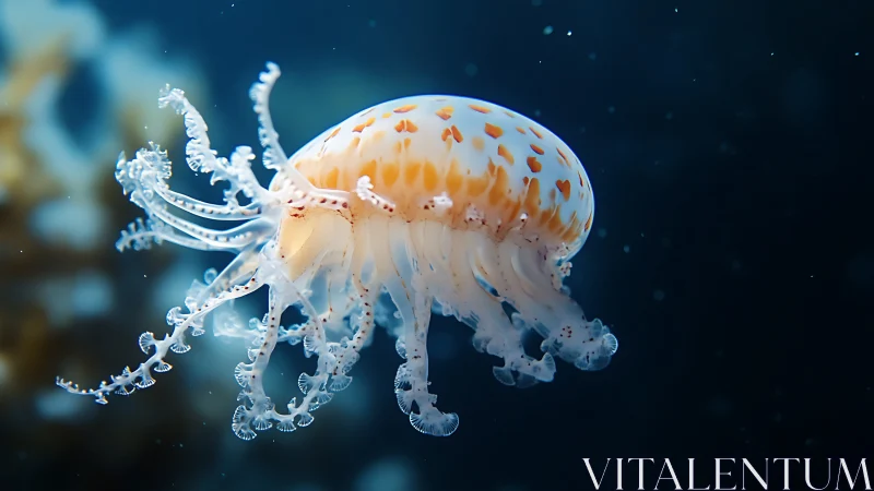 Spotted jellyfish drifts in sharp focus against dark water