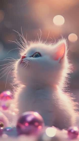 Luminous White Cat Among Glowing Orbs in Dreamlike Haze.