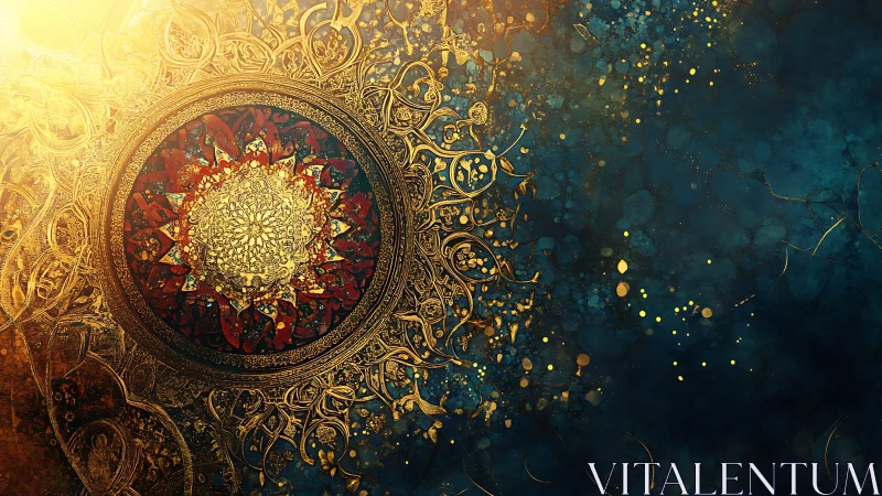 Radial mandala ornament radiates gold over dark teal space