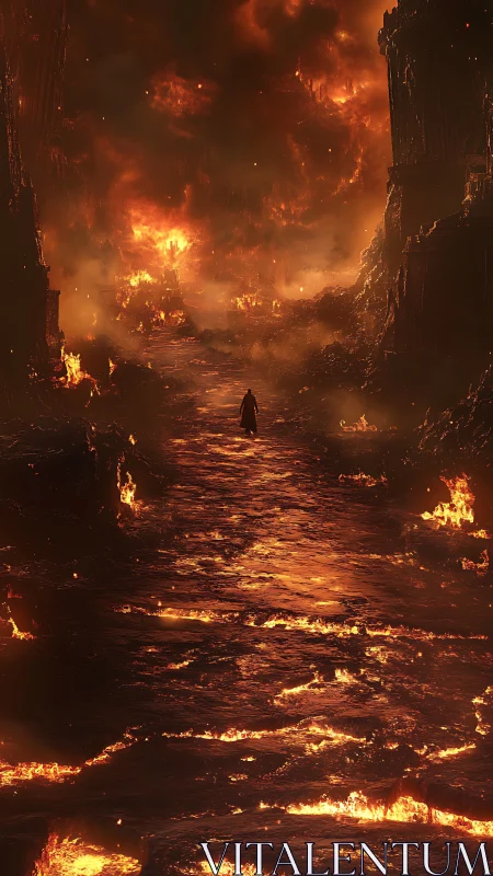 Solitary Figure in Apocalyptic Fire and Ruins