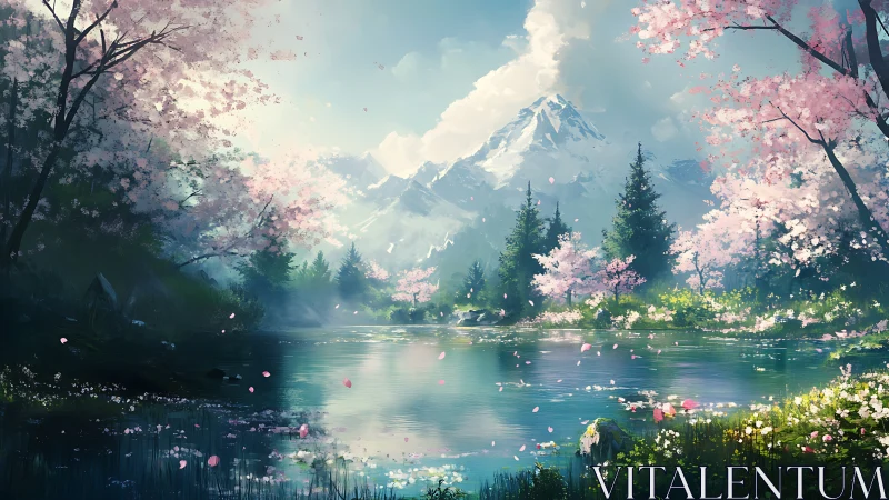 Serene mountain lake wrapped in soft cherry blossom light.