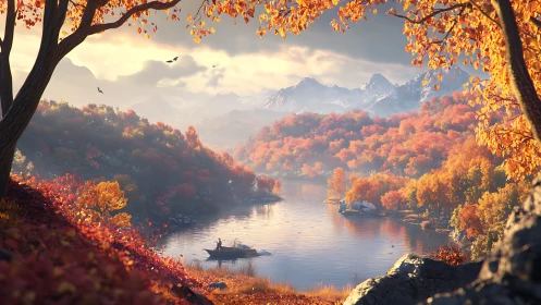 Rendered river valley shows boaters amid autumn foliage