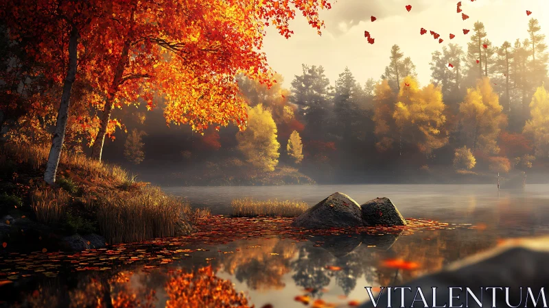 Gentle autumn lake glow with drifting scarlet leaves.