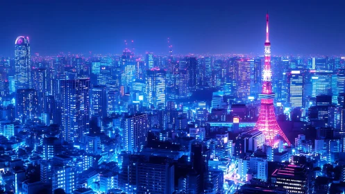 Neon lit Tokyo tower stands over dense high rise cityscape